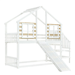 modfu Lit superposé 90x200 cm avec escalier et rambarde, en bois, blanc pas cher