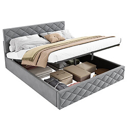 modfu Lit coffre 140x200 cm avec sommier à lattes, en velours, gris pas cher