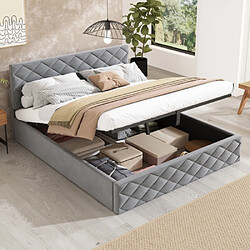 modfu Lit coffre 140x200 cm avec sommier à lattes, en velours, gris