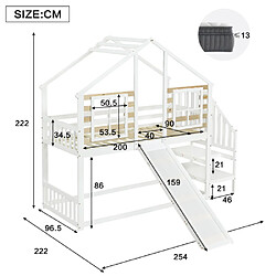 Avis modfu Lit superposé 90x200 cm avec escalier et rambarde, en bois, blanc