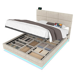 modfu Lit coffre 140x200 cm avec tête de lit réglable et LED, en velours, beige pas cher