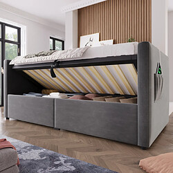 modfu Lit coffre 90x190 cm avec USB et Type-C, en velours, gris