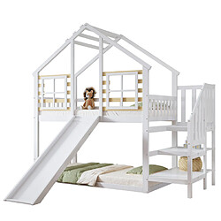Acheter modfu Lit superposé 90x200 cm avec escalier et rambarde, en bois, blanc