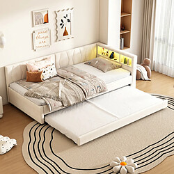 modfu Lit gigogne 90x200 cm avec ports USB et Type C, LED, en lin, beige