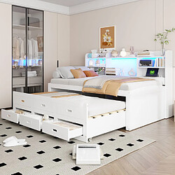 modfu Lit gigogne 90x200 cm avec 3 tiroirs et LED, en panneau de particules, blanc