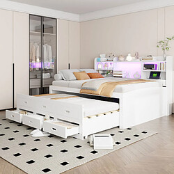 modfu Lit gigogne 140x200 cm avec 3 tiroirs et LED, en panneau de particules, blanc