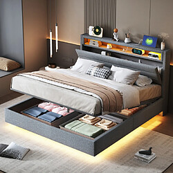 modfu Lit coffre 140x200 cm avec prise USB et éclairage LED, en lin, gris