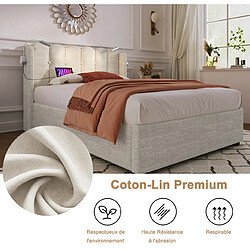 Acheter DZMDIP Lit coffre 90x200 cm 1 personne Tête de lit avec fonction de chargement, lampe de lecture, matière lin, couleur naturelle