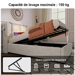 Avis DZMDIP Lit coffre 90x200 cm 1 personne Tête de lit avec fonction de chargement, lampe de lecture, matière lin, couleur naturelle