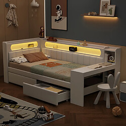 modfu Lit enfant 90x200 cm avec LED, bureau et 2 tiroirs, en MDF, blanc