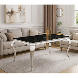PROTOCOLE HOME Table BAROQUE 180×90 cm — plateau verre trempé effet marbre noir, pieds acier inoxydable poli.
