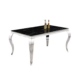 PROTOCOLE HOME Table BAROQUE 180×90 cm — plateau verre trempé effet marbre noir, pieds acier inoxydable poli.
