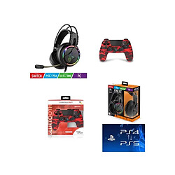 Pack Manette PS4 Manette Bluetooth URBAN Camouflage rouge 3.5 JACK + Casque Gamer PRO-H7 PS4-PS5 PLAYSTATION SPIRIT OF GAMER