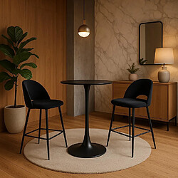 PROTOCOLE HOME Table haute ronde B03 - verre effet marbre blanc pied noir mat