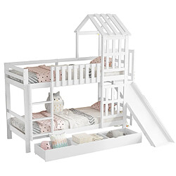 modfu Lit superposé 90x200 cm avec tiroir et toboggan, en bois, blanc pas cher
