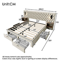 Avis modfu Lit adulte 160x200 cm avec 2 tables de chevet et 4 tiroirs, lampe, en velours, beige