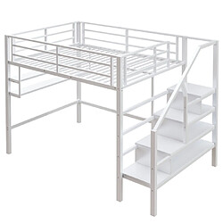 modfu Lit mezzanine 140x200 cm avec échelle de rangement, en métal, blanc pas cher