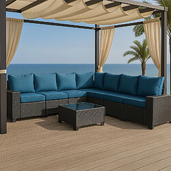 Concept Usine Salon de jardin d'angle 7 places en résine tressée avec table gris et bleu LAZARO