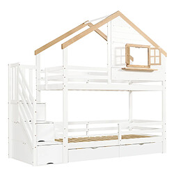 modfu Lit superposé 90x200 cm avec escalier de rangement, en bois, blanc pas cher