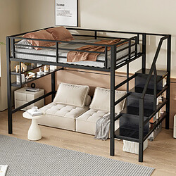 modfu Lit mezzanine 140x200 cm avec échelle de rangement, en métal, noir