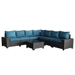 Concept Usine Salon de jardin d'angle 7 places en résine tressée avec table gris et bleu LAZARO