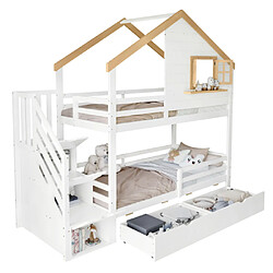 Acheter modfu Lit superposé 90x200 cm avec escalier de rangement, en bois, blanc