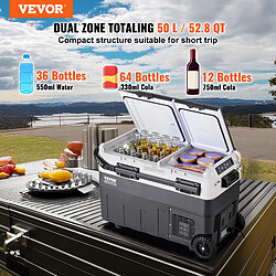 Vevor Réfrigérateur 50L 12V double zone, -20/20°C, avec roues, camping, bateau