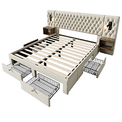 modfu Lit adulte 160x200 cm avec 2 tables de chevet et 4 tiroirs, lampe, en velours, beige pas cher