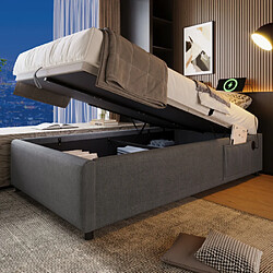 modfu Lit coffre 90x190 cm avec étagère et sommier à lattes, en lin, gris