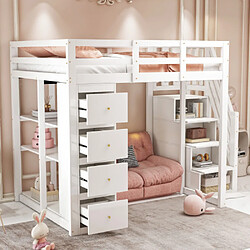 modfu Lit mezzanine 140x200 cm avec tiroir et échelle, en bois, blanc