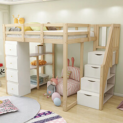 modfu Lit mezzanine 140x200 cm avec tiroir et échelle, en bois, naturel