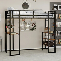 modfu Lit mezzanine 90x190 cm avec table, barrière et escalier, en fer, noir