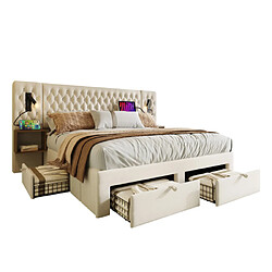 Acheter modfu Lit adulte 180x200 cm avec 2 tables de chevet et 4 tiroirs, lampe, en velours, beige