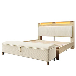 modfu Lit adulte 140x200 cm avec banquette et LED, en bois, beige pas cher