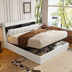 HAUSS SPOLE Lit coffre 140x190 cm Lit tête de lit - Blanc Lit Coffre 140x190 cm - Lit Double Capitonné avec Tête de Lit et Rangement Caché - PU - Sans Matelas - Blanc