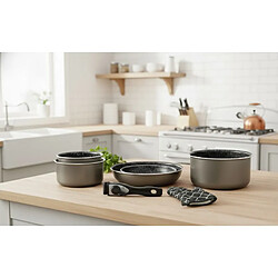 Batterie de cuisine revêtement pierre avec manche amovible 7 pièces carbonne Herzberg HG8053-CAR pas cher