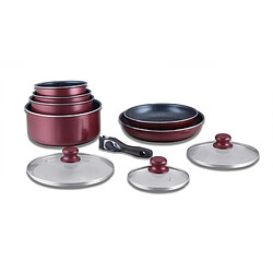 Batterie de cuisine revêtement pierre avec manche amovible 10 pieces bordeaux Herzberg HG5000-BR