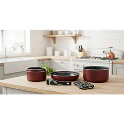 Batterie de cuisine revêtement pierre avec manche amovible 7 pièces bordeaux Herzberg HG8053-BR