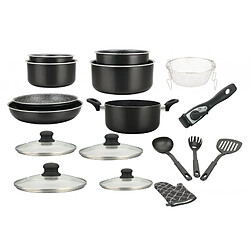 Batterie de cuisine revêtement pierre avec manche amovible 17 pièces noir Herzberg HG8055-BLK
