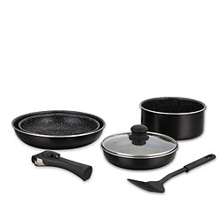 Batterie de cuisine revêtement pierre avec manche amovible 7 pièces noir Herzberg HG8090-7-BK