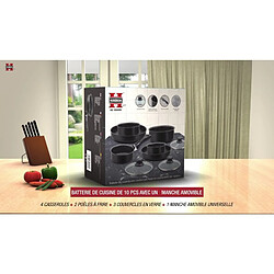 Batterie de cuisine revêtement pierre avec manche amovible 10 pieces noir Herzberg HG5000-BK pas cher