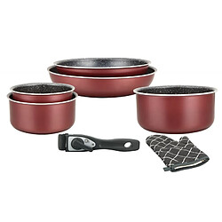 Batterie de cuisine revêtement pierre avec manche amovible 7 pièces bordeaux Herzberg HG8053-BR