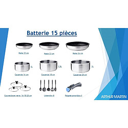 Batterie de cuisine inox avec manche amovible 15 pieces Arthur Martin AM1275