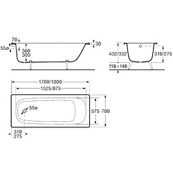 Baignoire avec pieds CONTESA 150x70cm percée un trou en acier blanc ROCA A236096000
