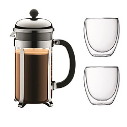 BODUM CHAMBORD Set cafetiere a piston - 8 tasses - 1L - Gris - Avec 2 verres double paro...