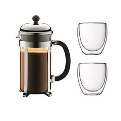 BODUM CHAMBORD Set cafetiere a piston - 8 tasses - 1L - Gris - Avec 2 verres double paroi Pavina 0,35l