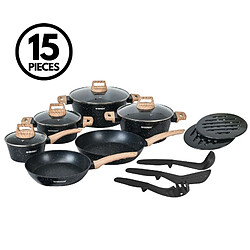 Batterie de cuisine 15 pièces avec revêtement en granit et manche en bois Noir Herzberg HGWDMRB15-BLK