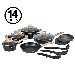 Batterie de cuisine 14 pièces avec revêtement en granit et manche en bois Noir Herzberg HGWDMRB14-BLK