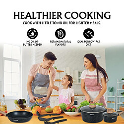Batterie de cuisine 14 pièces avec revêtement en granit et manche en bois Noir Herzberg HGWDMRB14-BLK pas cher