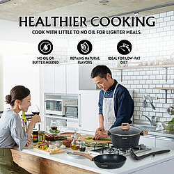Batterie de cuisine 15 pièces avec revêtement en granit et manche en bois Noir Herzberg HGWDMRB15-BLK pas cher